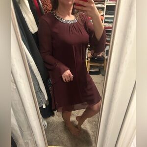 SLNY Wine Burgundy Embellished Neck Midi Dress